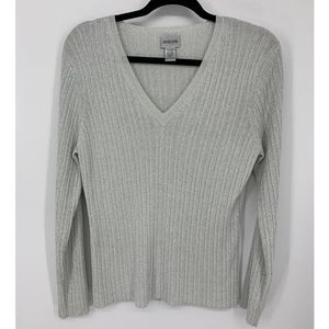 chico's white sparkle metallic v neck sweater 2 L